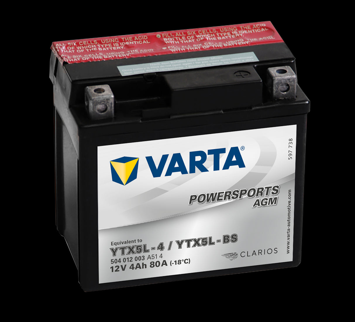 VARTA AGM MC Batteri 12V 4AH 80CCA (114x71x106mm) +høyre YTX5L-BS