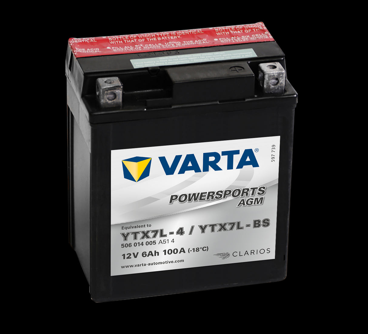VARTA AGM MC Batteri 12V 6AH 100CCA (114x71x131mm) +høyre YTX7L-BS