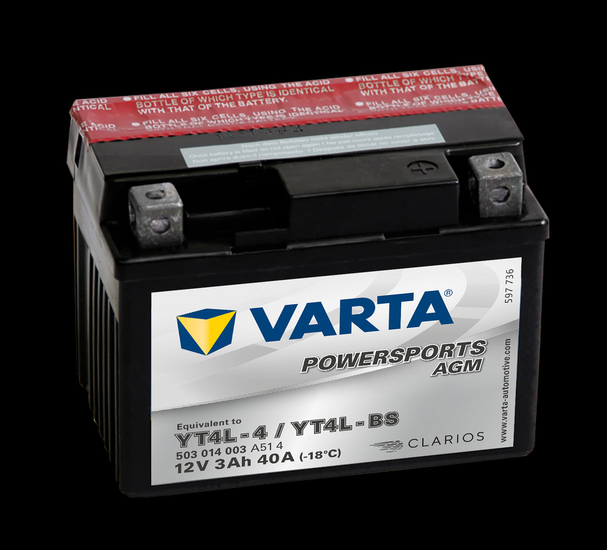 VARTA AGM MC Batteri 12V 3AH 40CCA (114x71x86mm) +høyre YTX4L-BS
