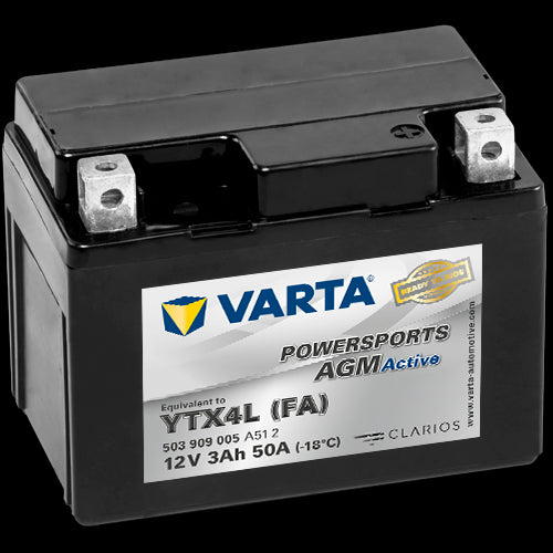 VARTA AGM MC Batteri 12V 3AH 50CCA (113x70x87mm) +høyre YTX4L (FA)