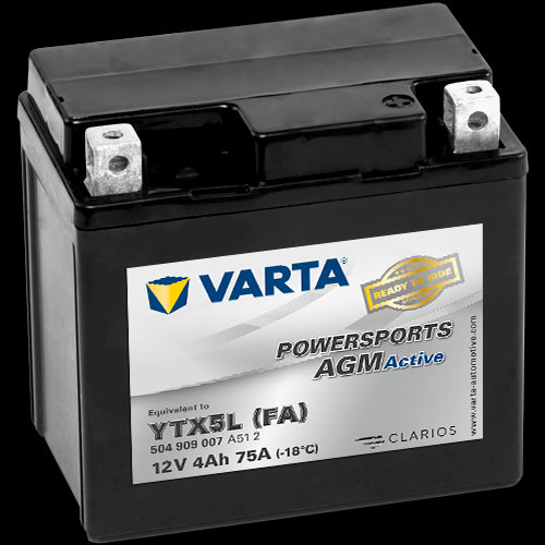 VARTA AGM MC Batteri 12V 4AH 75CCA (113x70x105mm) +høyre YTX5L (FA)