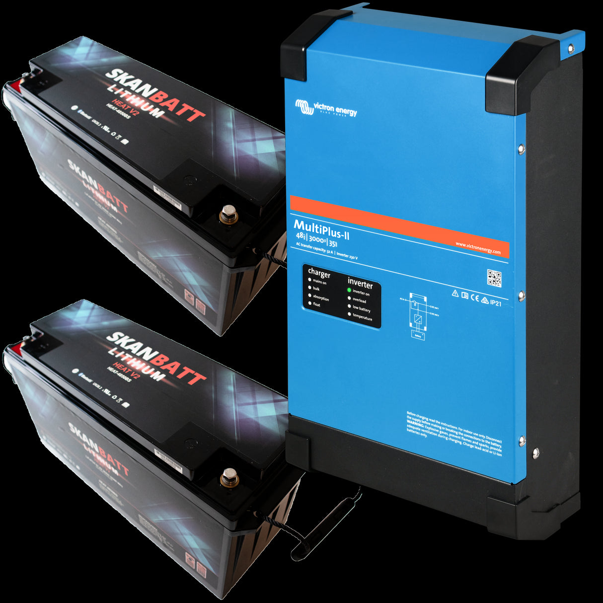 Powerpakke Victron Multiplus 48/3000 og 2 Stk Skanbatt Heat 48/50Ah med 8 års garanti