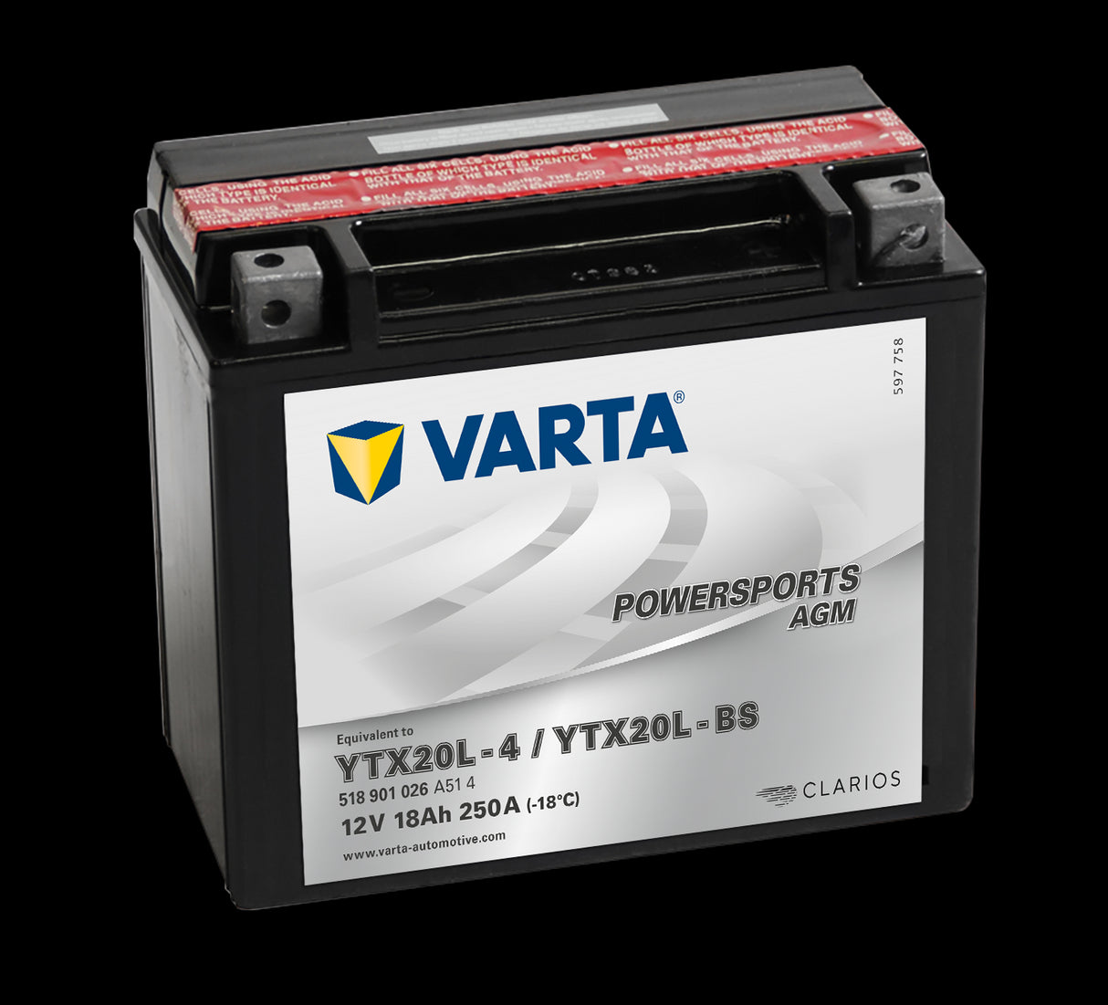VARTA AGM MC Batteri 12V 18AH 250CCA (177x88x156mm) +høyre YTX20L-BS