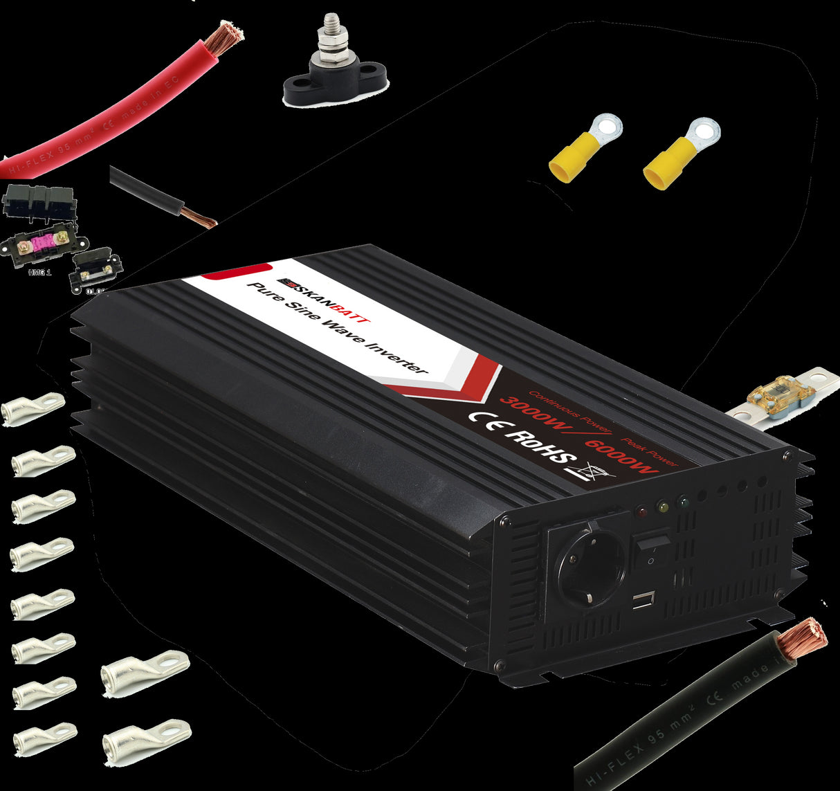 Inverter Strømpakke Mega (3000w) m/kit 2m kabel