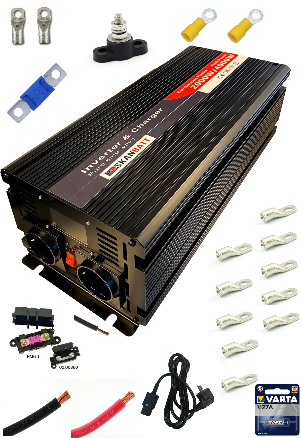 Inverter Strømpakke stor (2000w) med nettprioritering m/kit 1,8m kabel