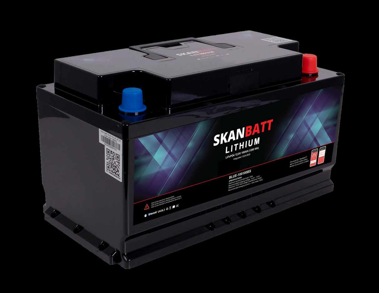 SKANBATT Lithium Batteri 12V 100Ah 100A BMS - Bluetooth - Bobil - 355x176x190mm