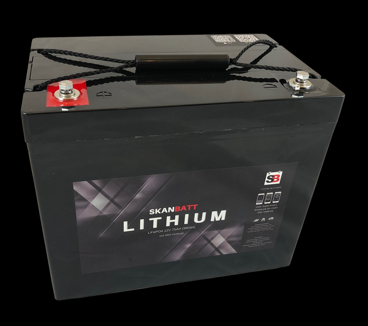 SKANBATT Bluetooth Lithium Batteri 12V 75AH 50A BMS
