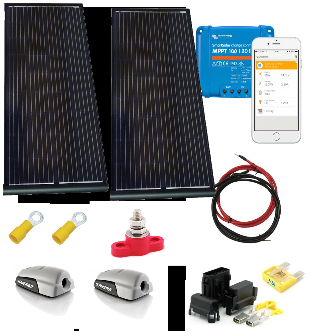 SKANBATT 158x51 - 300W (2x150W) Black Aero komplett kit med Victron BT MPPT - SLIM