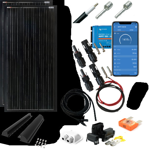 SKANBATT 400W 2x 189,5*55 - SLIM 2x200W Black komplett kit med VICTRON BT MPPT