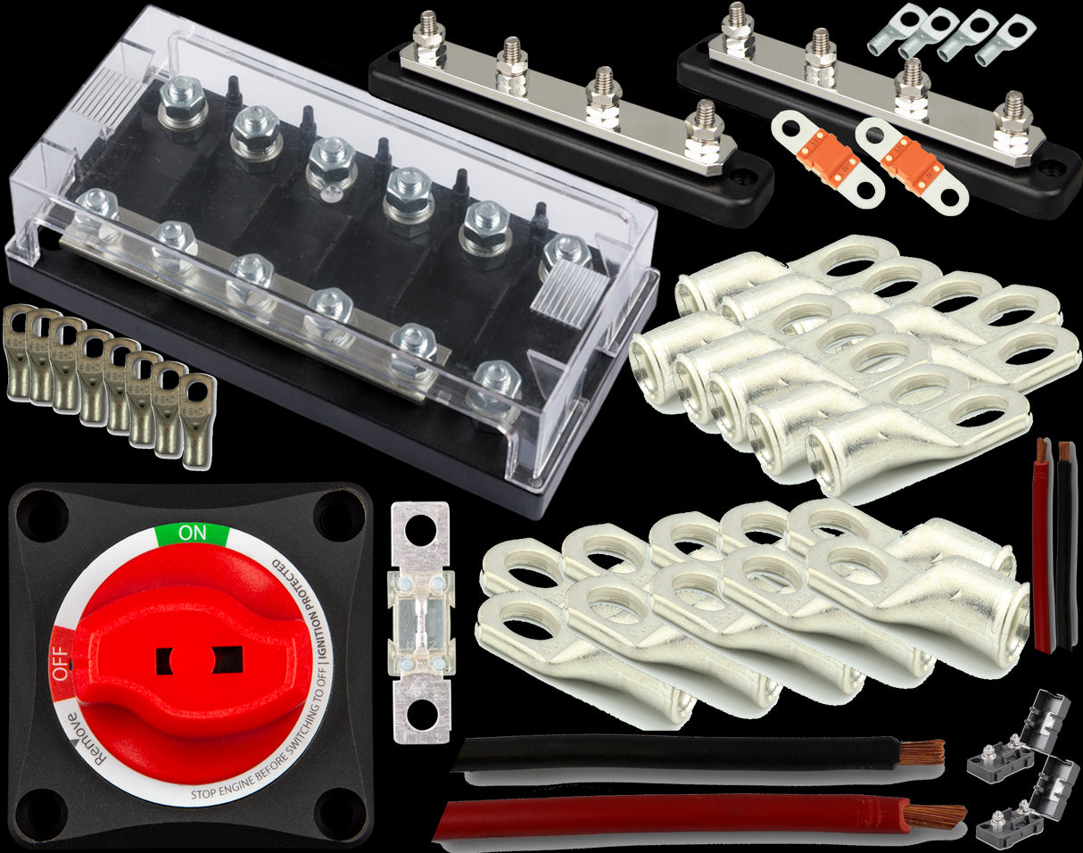 Pakke for å koble opp en 48V 3000W strømløsning med kabling, hovedbryter, sikringer og busbarer